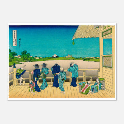 Estampe ukiyo-e Terrasse Sazai au temple des 500 Rakan - Hokusai (21x29,7 cm (A4)). Estampe ukiyo-e de Katsushika Hokusai représentant une terrasse avec plusieurs personnes admirant le paysage, au-dessus d'une étendue d'eau, avec le mont Fuji en arrière-plan.