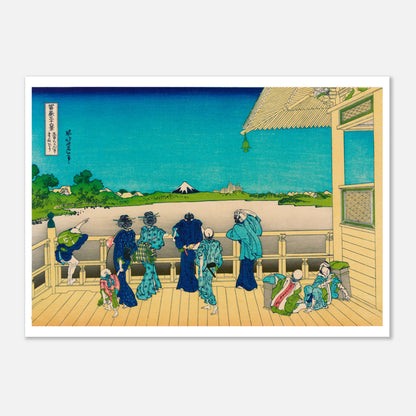 Estampe ukiyo-e Terrasse Sazai au temple des 500 Rakan - Hokusai (50x70 cm). Estampe ukiyo-e de Katsushika Hokusai représentant une terrasse avec plusieurs personnes admirant le paysage, au-dessus d'une étendue d'eau, avec le mont Fuji en arrière-plan.