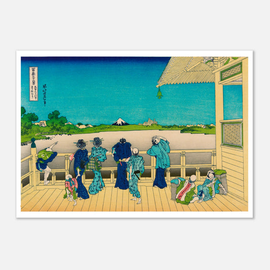 Estampe ukiyo-e Terrasse Sazai au temple des 500 Rakan - Hokusai (59,4x84,1 cm (A1)). Estampe ukiyo-e de Katsushika Hokusai représentant une terrasse avec plusieurs personnes admirant le paysage, au-dessus d'une étendue d'eau, avec le mont Fuji en arrière-plan.