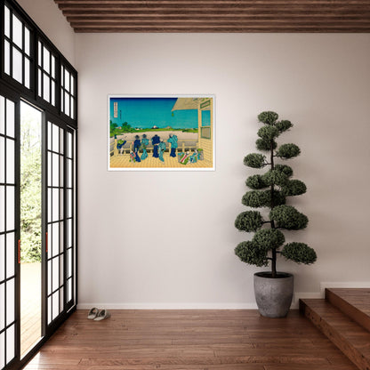 Estampe ukiyo-e Terrasse Sazai au temple des 500 Rakan - Hokusai. Estampe ukiyo-e de Katsushika Hokusai représentant une terrasse avec plusieurs personnes admirant le paysage, au-dessus d'une étendue d'eau, avec le mont Fuji en arrière-plan. Image d'illustration 7