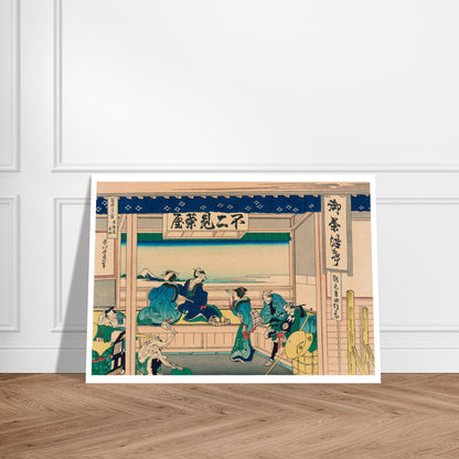 Estampe ukiyo-e Yoshida dans la région de Tōkaidō par Hokusai. Estampe ukiyo-e de Katsushika Hokusai représentant une scène intérieure d'une maison de thé, avec des personnes assises et conversant, et une vue sur le mont Fuji à travers une ouverture. Image d'illustration 7