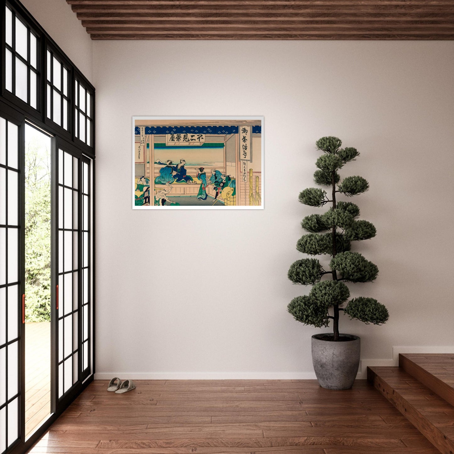 Estampe ukiyo-e Yoshida dans la région de Tōkaidō par Hokusai. Estampe ukiyo-e de Katsushika Hokusai représentant une scène intérieure d'une maison de thé, avec des personnes assises et conversant, et une vue sur le mont Fuji à travers une ouverture. Image d'illustration 8