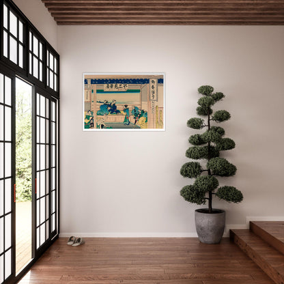 Estampe ukiyo-e Yoshida dans la région de Tōkaidō par Hokusai. Estampe ukiyo-e de Katsushika Hokusai représentant une scène intérieure d'une maison de thé, avec des personnes assises et conversant, et une vue sur le mont Fuji à travers une ouverture. Image d'illustration 8