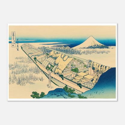 Illustration ukiyo-e Ushibori dans la province de Hitachi - Hokusai (21x29,7 cm (A4)). Estampe ukiyo-e de Katsushika Hokusai représentant un paysage de roseaux et d'eau, avec une barque habitée et le mont Fuji à l'horizon.