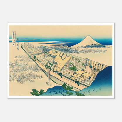 Illustration ukiyo-e Ushibori dans la province de Hitachi - Hokusai (42x59,4 cm (A2)). Estampe ukiyo-e de Katsushika Hokusai représentant un paysage de roseaux et d'eau, avec une barque habitée et le mont Fuji à l'horizon.