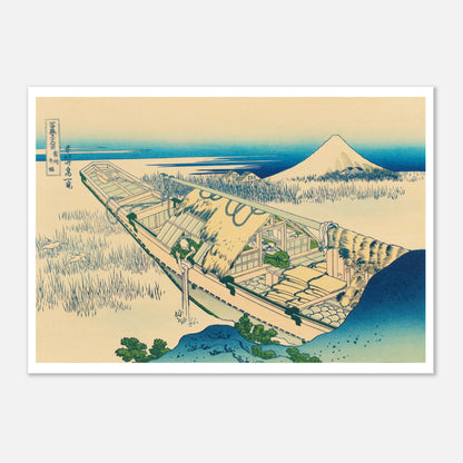 Illustration ukiyo-e Ushibori dans la province de Hitachi - Hokusai (59,4x84,1 cm (A1)). Estampe ukiyo-e de Katsushika Hokusai représentant un paysage de roseaux et d'eau, avec une barque habitée et le mont Fuji à l'horizon.