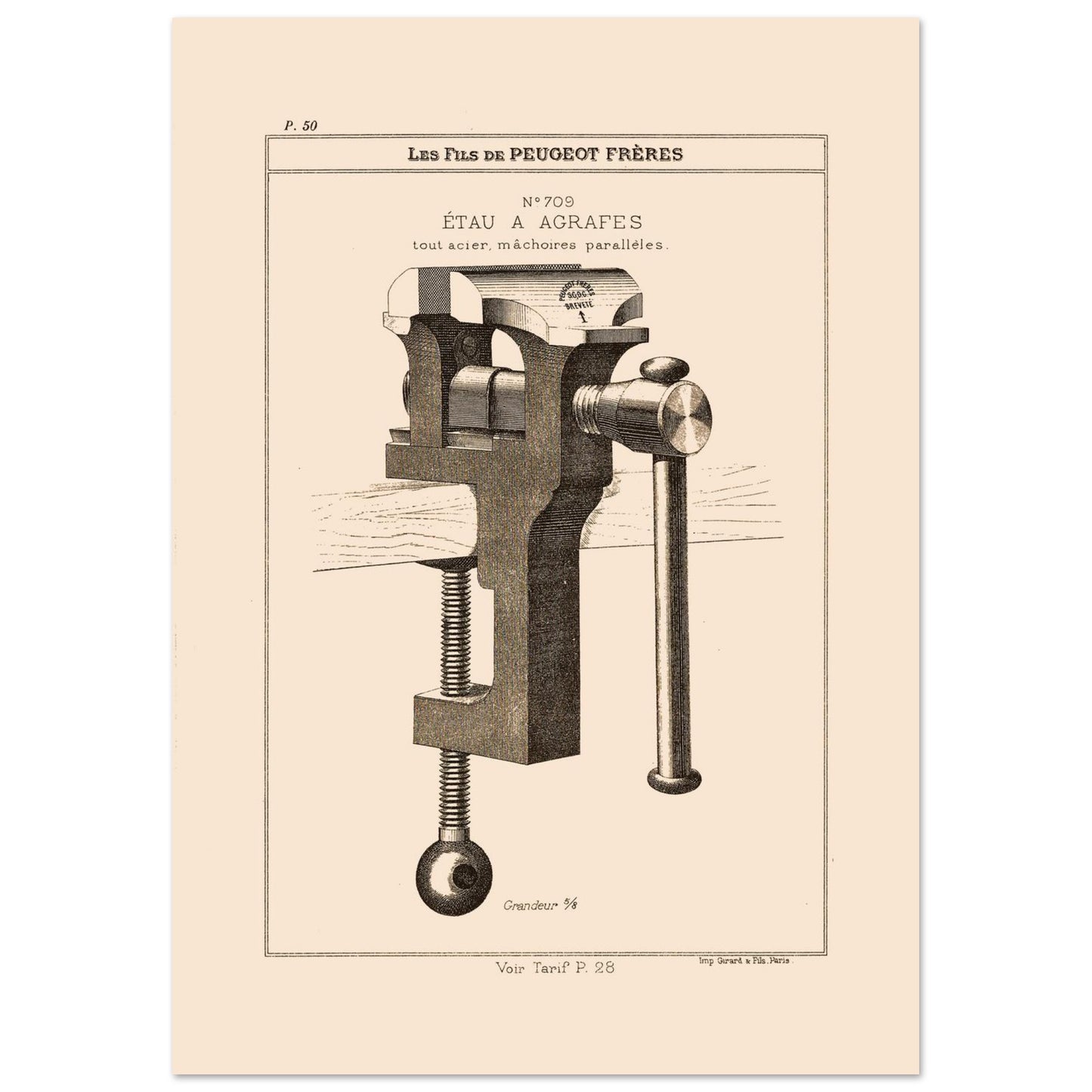 Planche technique d'un étau à agrafes tout acier, Peugeot Frères 1885 (21x29,7 cm (A4)). Gravure du catalogue Peugeot Frères représentant un étau à agrafes tout acier, avec mâchoires parallèles.
