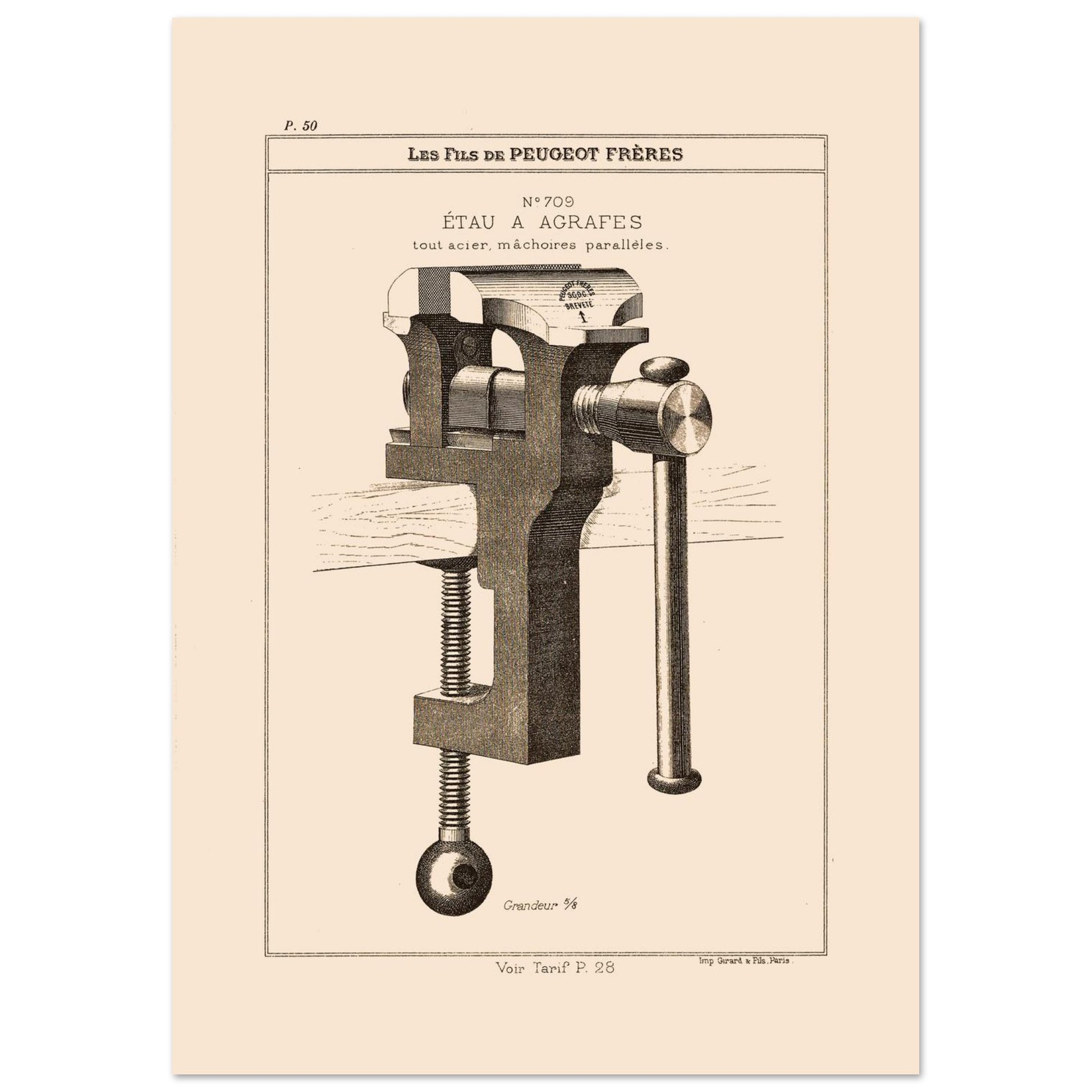 Planche technique d'un étau à agrafes tout acier, Peugeot Frères 1885 (21x29,7 cm (A4)). Gravure du catalogue Peugeot Frères représentant un étau à agrafes tout acier, avec mâchoires parallèles.