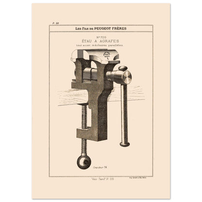 Planche technique d'un étau à agrafes tout acier, Peugeot Frères 1885 (21x29,7 cm (A4)). Gravure du catalogue Peugeot Frères représentant un étau à agrafes tout acier, avec mâchoires parallèles.
