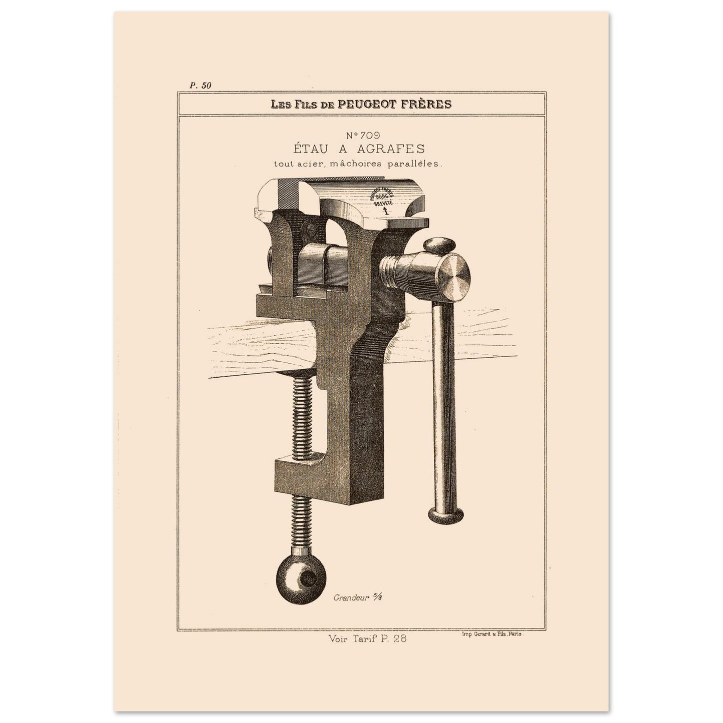 Planche technique d'un étau à agrafes tout acier, Peugeot Frères 1885 (29,7x42 cm (A3)). Gravure du catalogue Peugeot Frères représentant un étau à agrafes tout acier, avec mâchoires parallèles.