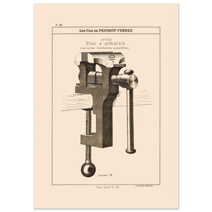 Planche technique d'un étau à agrafes tout acier, Peugeot Frères 1885 (29,7x42 cm (A3)). Gravure du catalogue Peugeot Frères représentant un étau à agrafes tout acier, avec mâchoires parallèles.