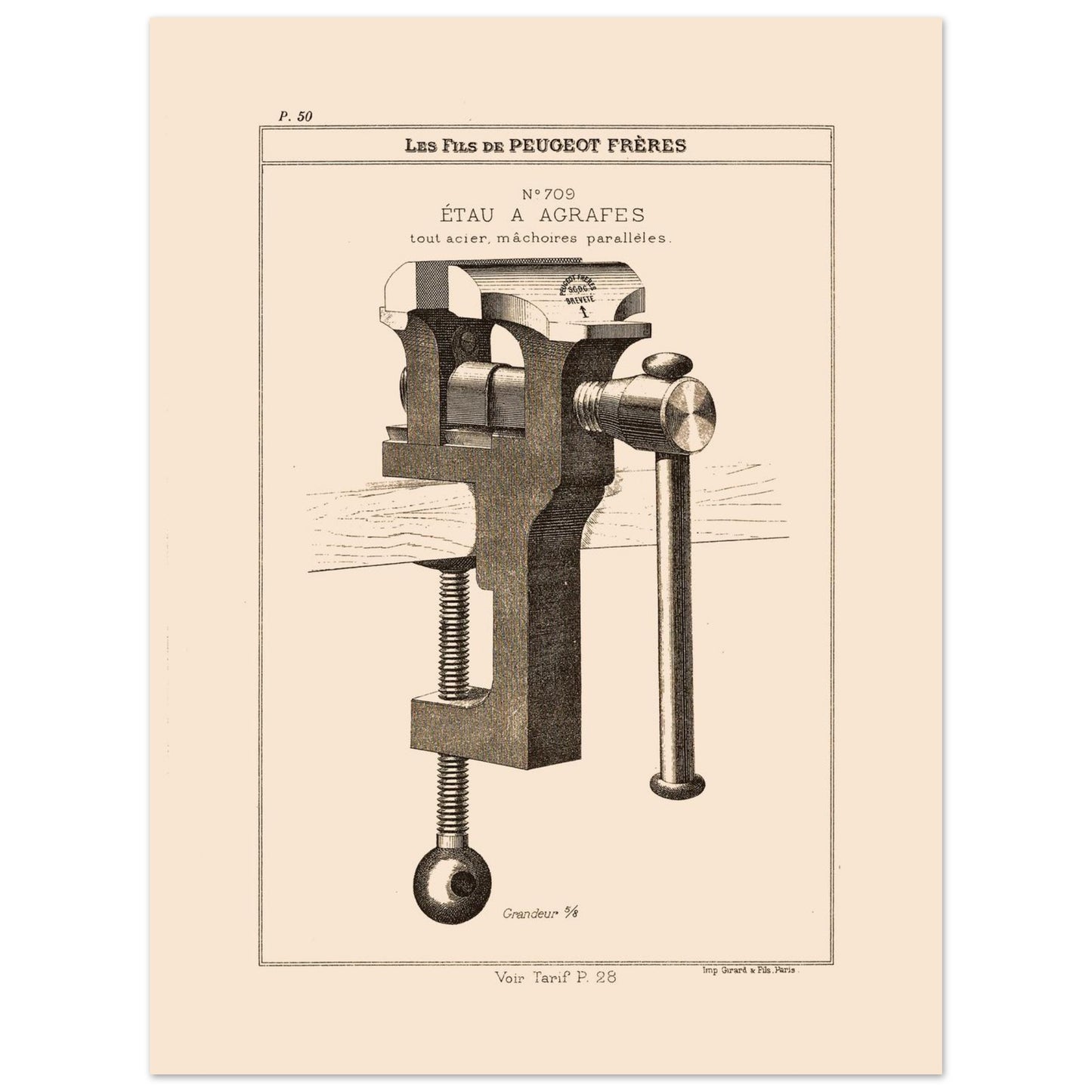 Planche technique d'un étau à agrafes tout acier, Peugeot Frères 1885 (30x40 cm). Gravure du catalogue Peugeot Frères représentant un étau à agrafes tout acier, avec mâchoires parallèles.