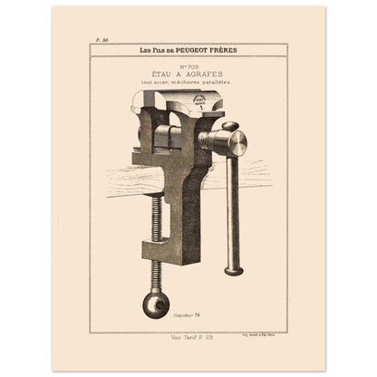 Planche technique d'un étau à agrafes tout acier, Peugeot Frères 1885 (30x40 cm). Gravure du catalogue Peugeot Frères représentant un étau à agrafes tout acier, avec mâchoires parallèles.
