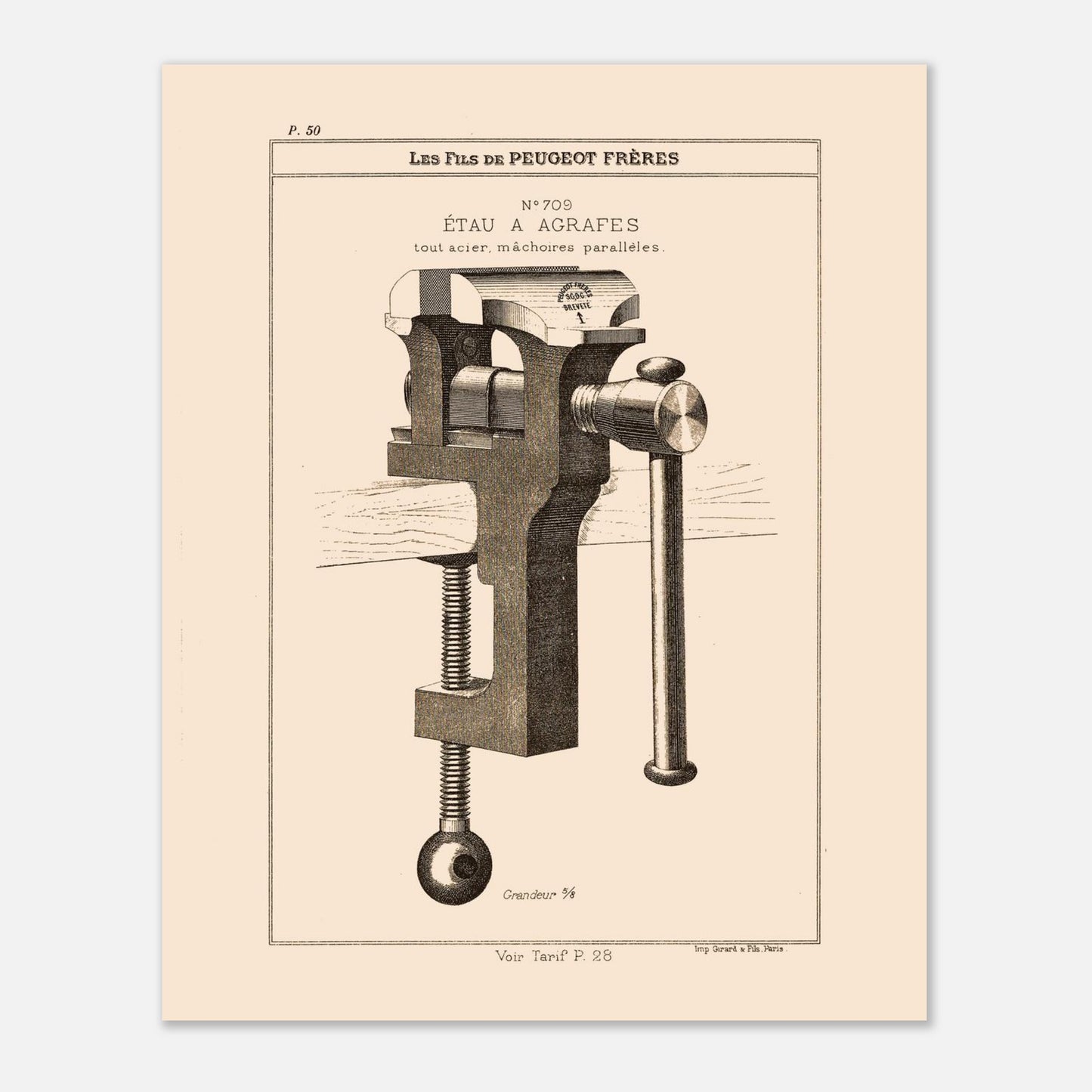Planche technique d'un étau à agrafes tout acier, Peugeot Frères 1885. Gravure du catalogue Peugeot Frères représentant un étau à agrafes tout acier, avec mâchoires parallèles. Image d'illustration 4