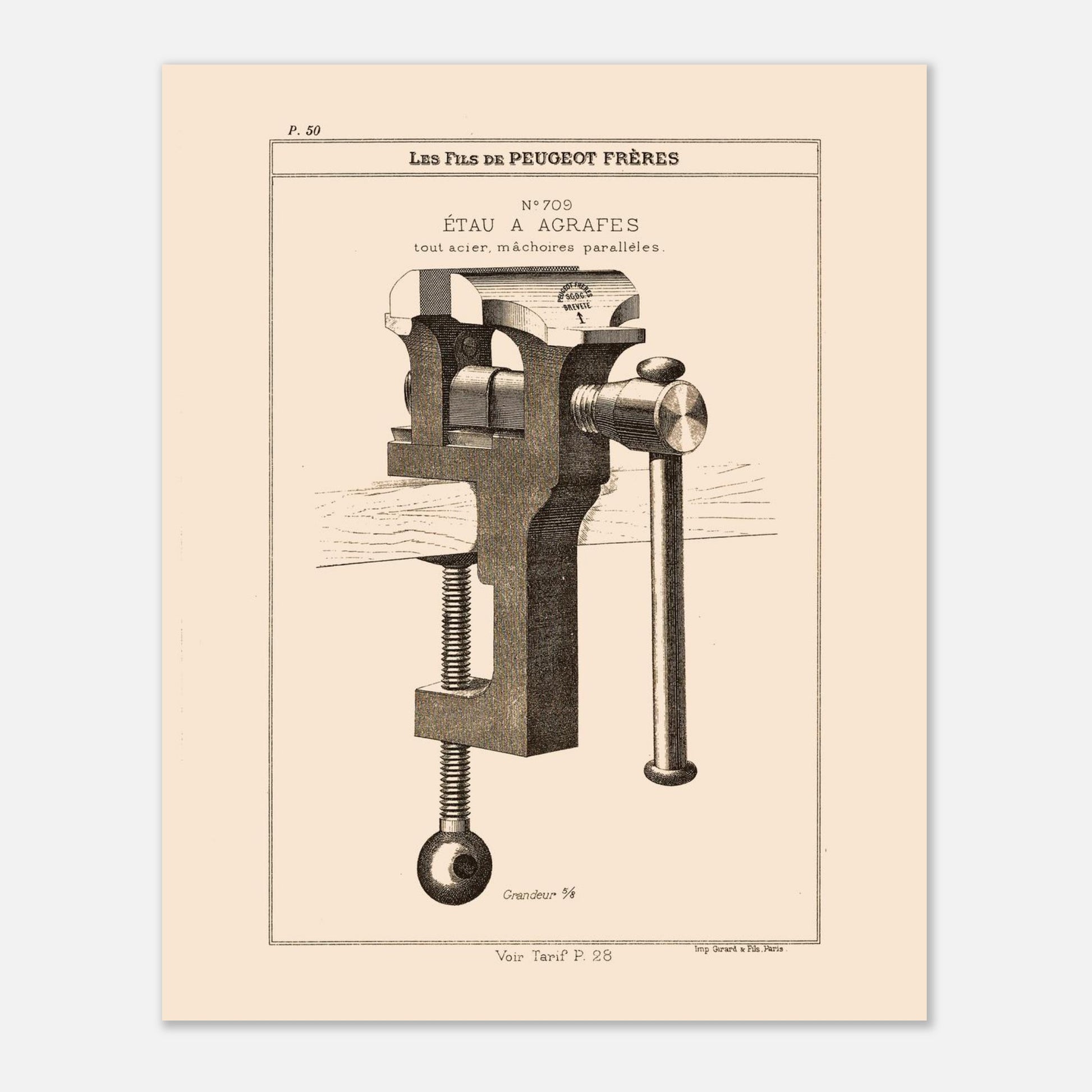 Planche technique d'un étau à agrafes tout acier, Peugeot Frères 1885. Gravure du catalogue Peugeot Frères représentant un étau à agrafes tout acier, avec mâchoires parallèles. Image d'illustration 4