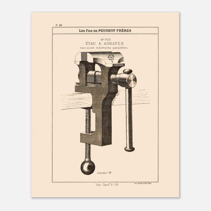 Planche technique d'un étau à agrafes tout acier, Peugeot Frères 1885. Gravure du catalogue Peugeot Frères représentant un étau à agrafes tout acier, avec mâchoires parallèles. Image d'illustration 4