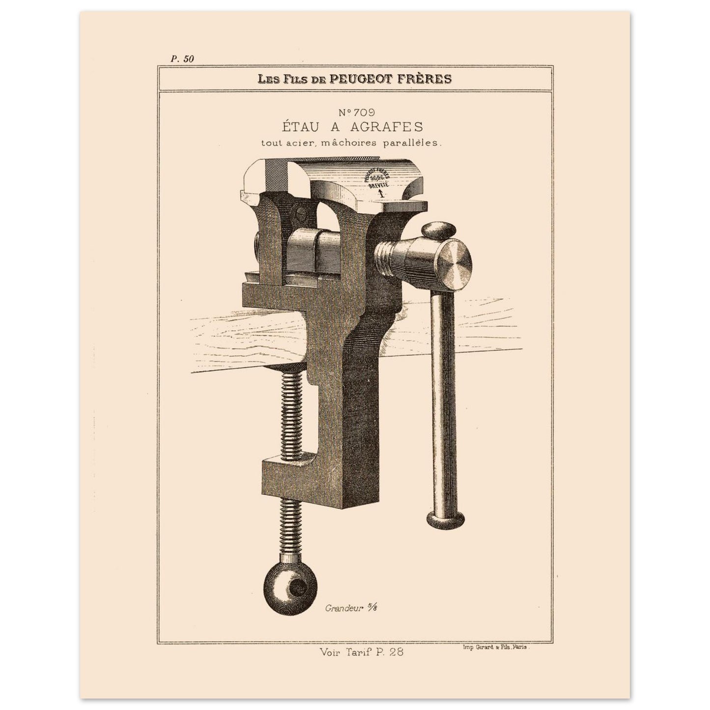 Planche technique d'un étau à agrafes tout acier, Peugeot Frères 1885 (40x50 cm). Gravure du catalogue Peugeot Frères représentant un étau à agrafes tout acier, avec mâchoires parallèles.