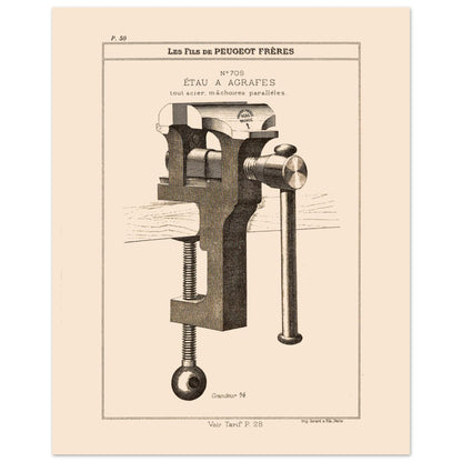 Planche technique d'un étau à agrafes tout acier, Peugeot Frères 1885 (40x50 cm). Gravure du catalogue Peugeot Frères représentant un étau à agrafes tout acier, avec mâchoires parallèles.