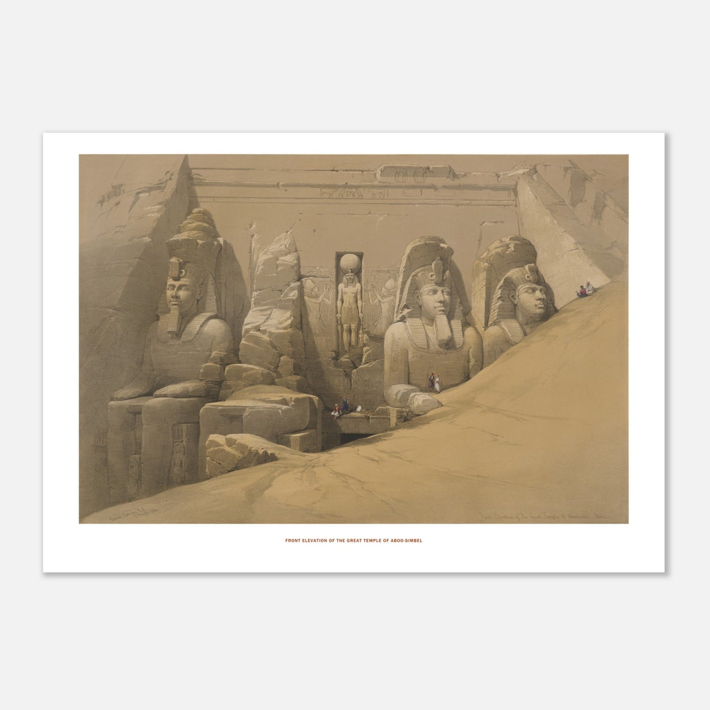 Façade du grand temple d'Abou Simbel - Lithographie David Roberts (21x29,7 cm (A4)). Lithographie ancienne représentant la façade monumentale du temple d'Abou Simbel, avec quatre colosses assis dans le sable et des personnages minuscules pour l'échelle.