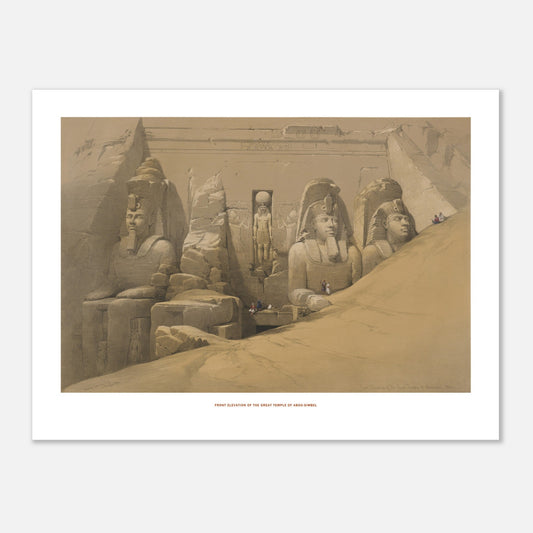 Façade du grand temple d'Abou Simbel - Lithographie David Roberts (30x40 cm). Lithographie ancienne représentant la façade monumentale du temple d'Abou Simbel, avec quatre colosses assis dans le sable et des personnages minuscules pour l'échelle.
