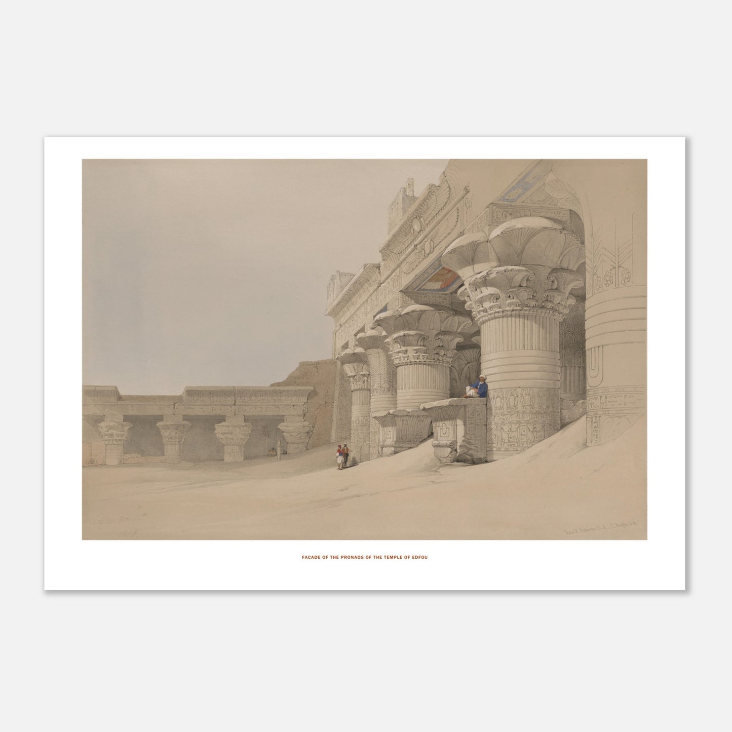 Planche de la façade du pronaos du temple d'Edfou, David Roberts (21x29,7 cm (A4)). Lithographie montrant la façade du pronaos du temple d'Edfou, avec des colonnes monumentales et des reliefs sculptés, dans un environnement sablonneux.