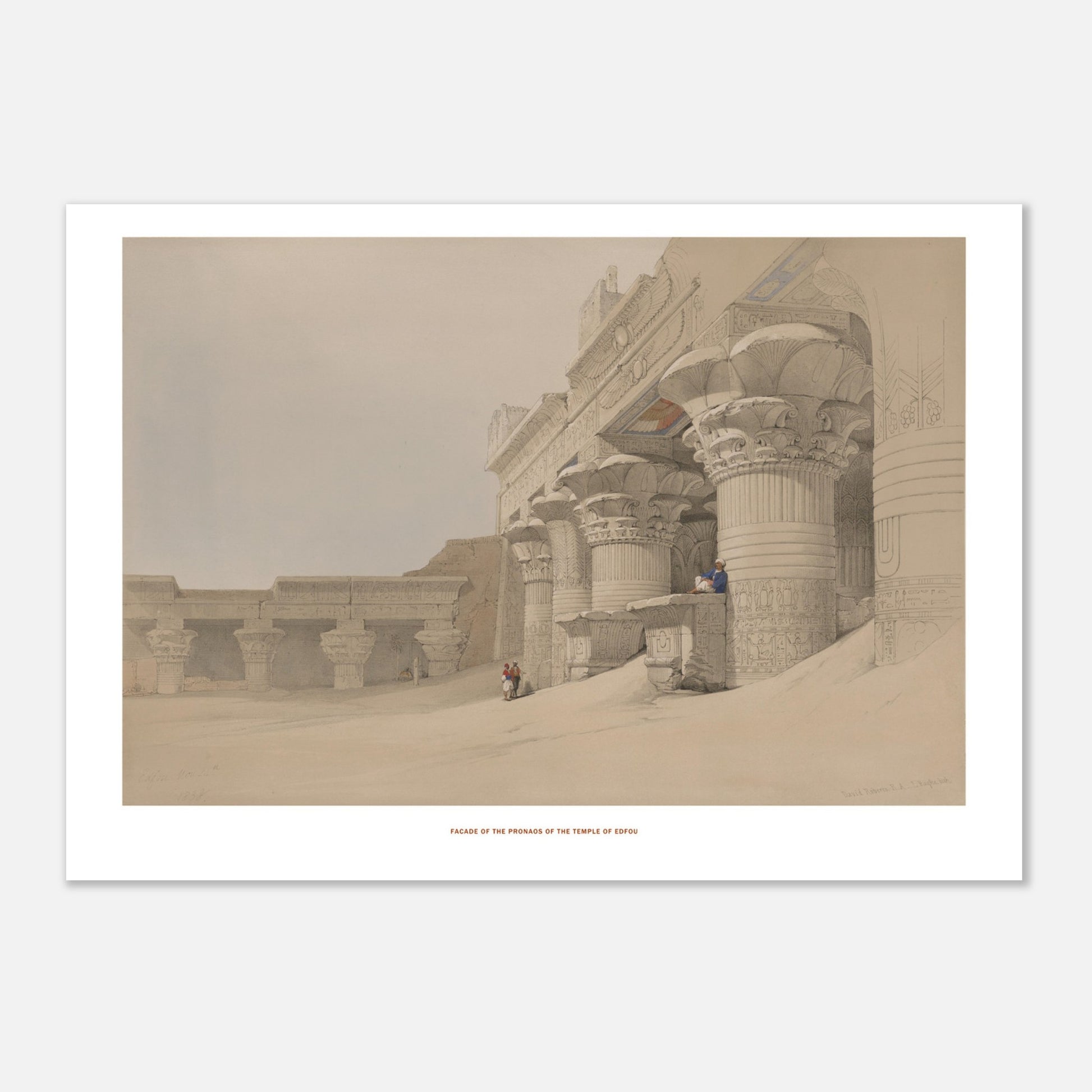 Planche de la façade du pronaos du temple d'Edfou, David Roberts (21x29,7 cm (A4)). Lithographie montrant la façade du pronaos du temple d'Edfou, avec des colonnes monumentales et des reliefs sculptés, dans un environnement sablonneux.