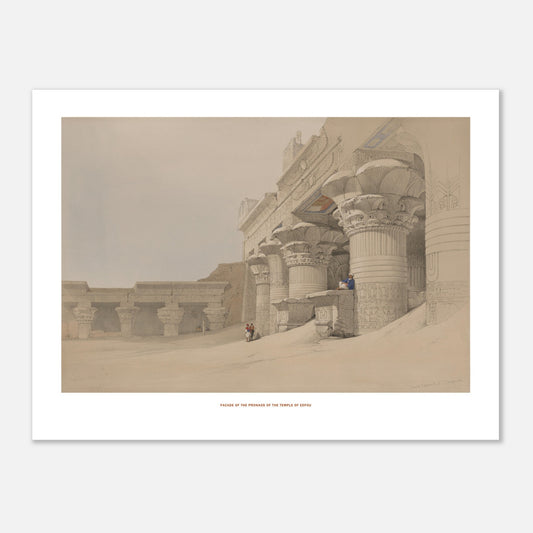 Planche de la façade du pronaos du temple d'Edfou, David Roberts (30x40 cm). Lithographie montrant la façade du pronaos du temple d'Edfou, avec des colonnes monumentales et des reliefs sculptés, dans un environnement sablonneux.