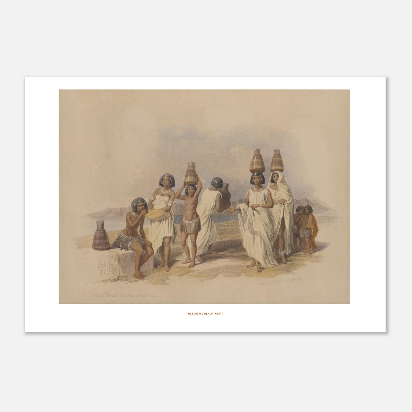 Illustration de femmes nubiennes à Korti par David Roberts (21x29,7 cm (A4)). Lithographie dépeignant des femmes nubiennes portant des jarres sur la tête, sur une rive, avec des montagnes et un lac en arrière-plan.