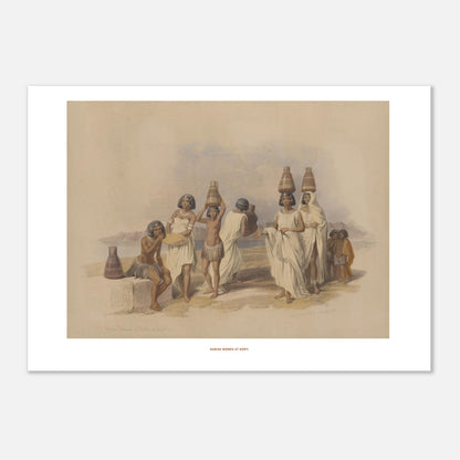 Illustration de femmes nubiennes à Korti par David Roberts (29,7x42 cm (A3)). Lithographie dépeignant des femmes nubiennes portant des jarres sur la tête, sur une rive, avec des montagnes et un lac en arrière-plan.
