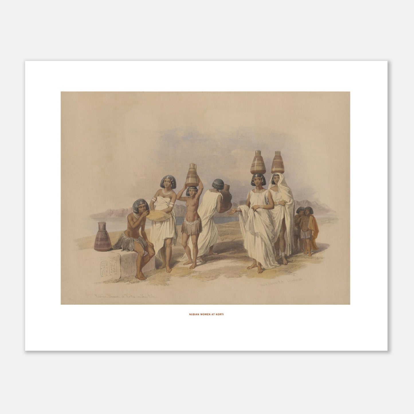 Illustration de femmes nubiennes à Korti par David Roberts (40x50 cm). Lithographie dépeignant des femmes nubiennes portant des jarres sur la tête, sur une rive, avec des montagnes et un lac en arrière-plan.