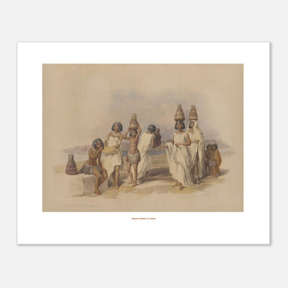 Illustration de femmes nubiennes à Korti par David Roberts (40x50 cm). Lithographie dépeignant des femmes nubiennes portant des jarres sur la tête, sur une rive, avec des montagnes et un lac en arrière-plan.