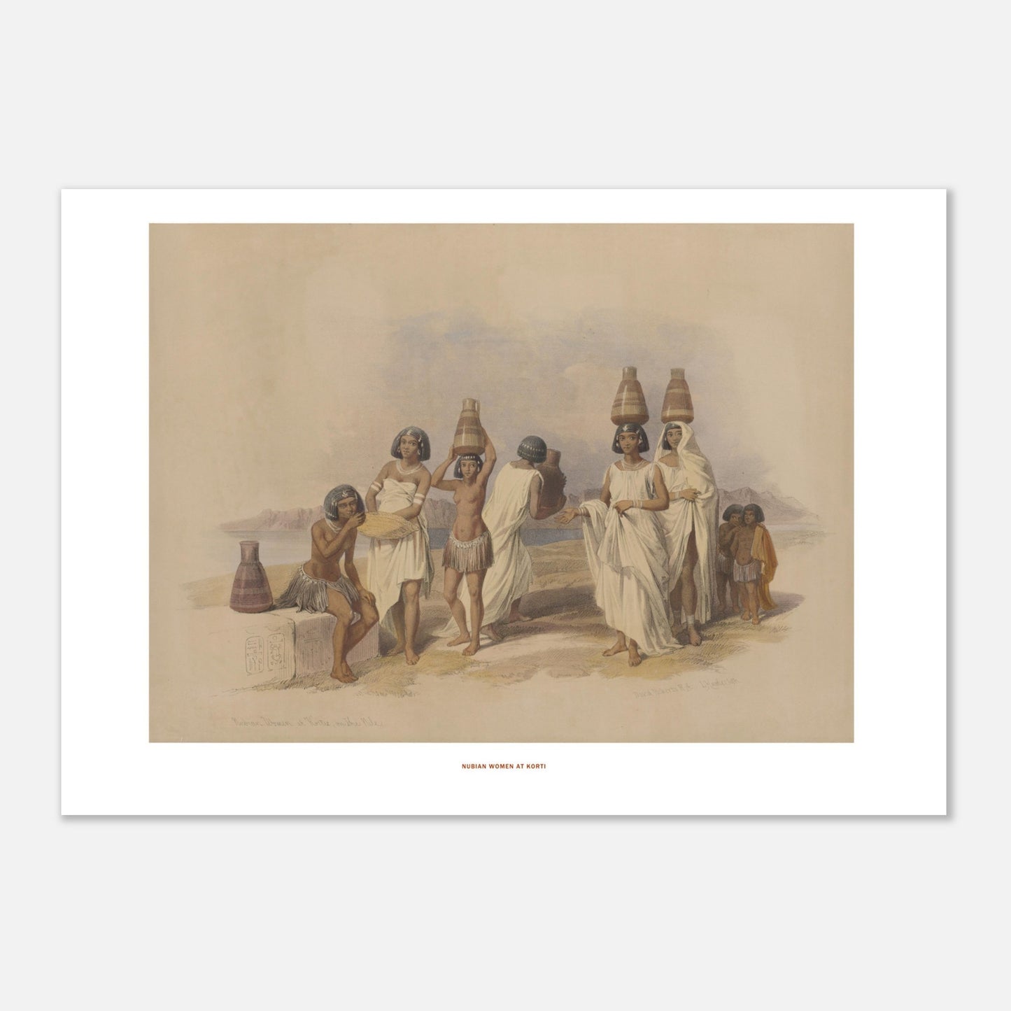 Illustration de femmes nubiennes à Korti par David Roberts (42x59,4 cm (A2)). Lithographie dépeignant des femmes nubiennes portant des jarres sur la tête, sur une rive, avec des montagnes et un lac en arrière-plan.