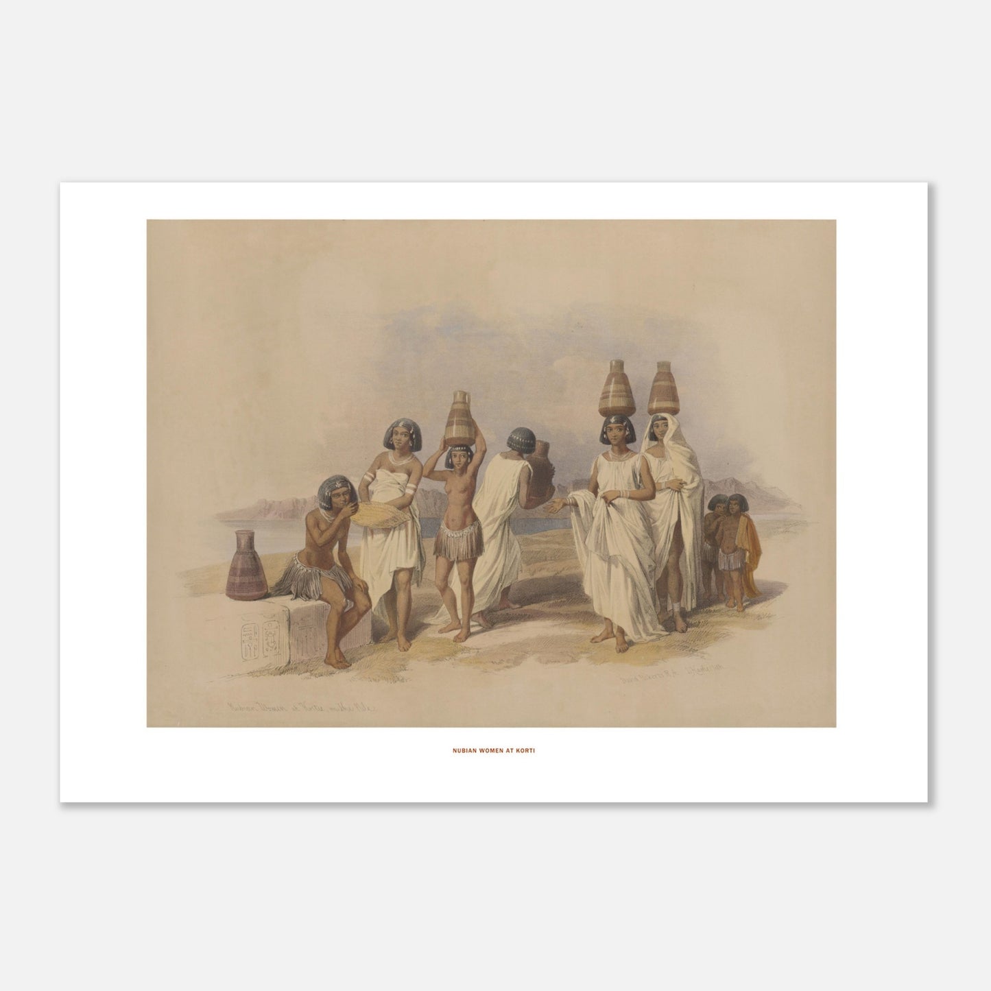 Illustration de femmes nubiennes à Korti par David Roberts (50x70 cm). Lithographie dépeignant des femmes nubiennes portant des jarres sur la tête, sur une rive, avec des montagnes et un lac en arrière-plan.