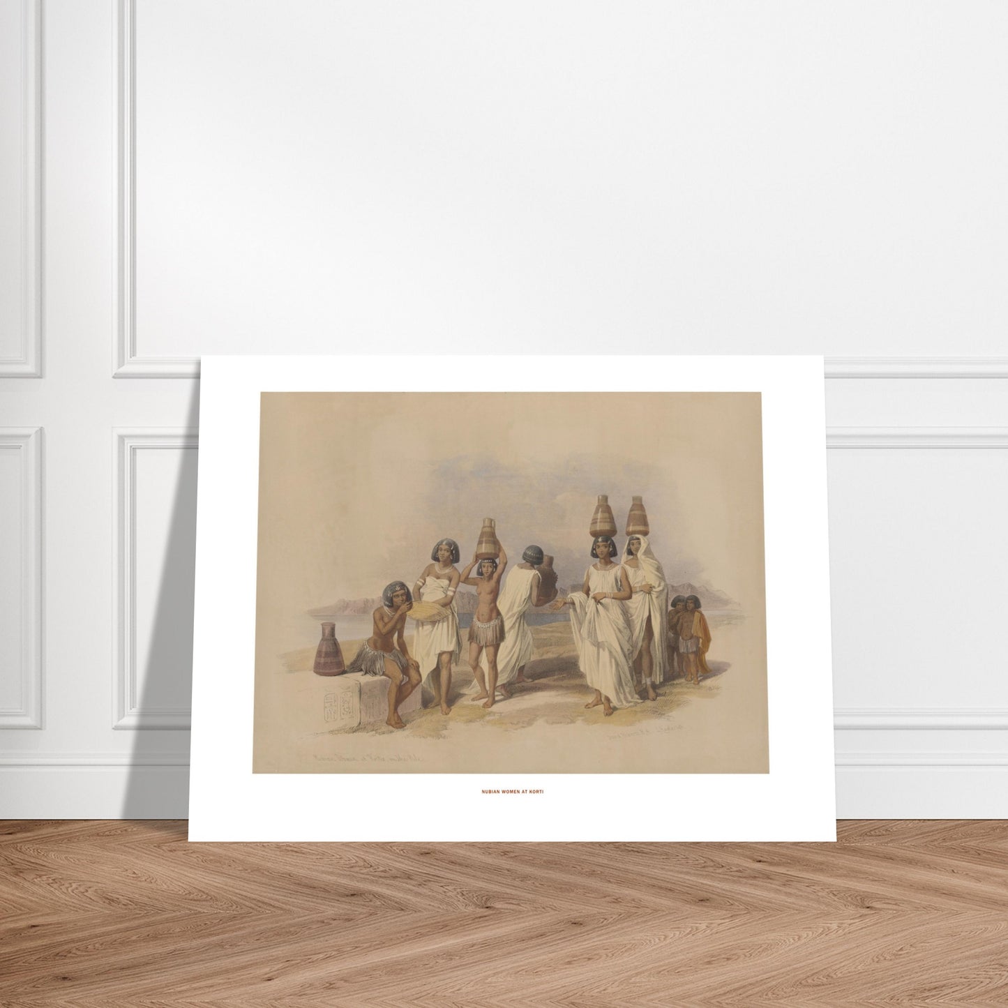 Illustration de femmes nubiennes à Korti par David Roberts. Lithographie dépeignant des femmes nubiennes portant des jarres sur la tête, sur une rive, avec des montagnes et un lac en arrière-plan. Image d'illustration 7