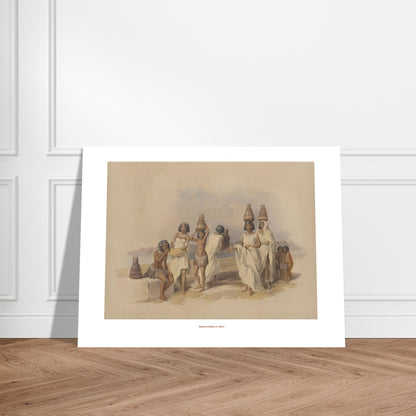 Illustration de femmes nubiennes à Korti par David Roberts. Lithographie dépeignant des femmes nubiennes portant des jarres sur la tête, sur une rive, avec des montagnes et un lac en arrière-plan. Image d'illustration 7