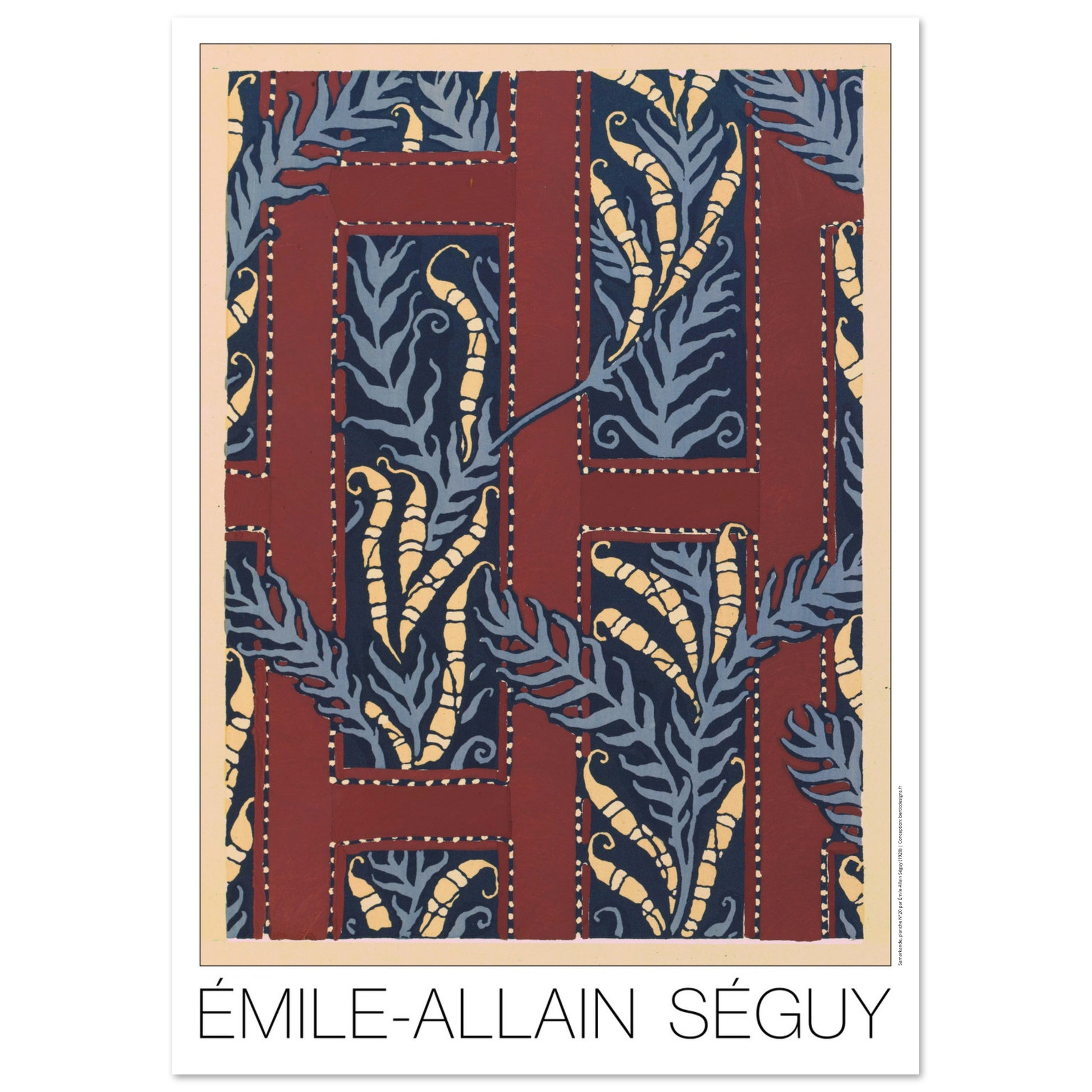Planche de motifs Samarkande : feuilles bleues et bordeaux, Émile-Allain Séguy (29,7x42 cm (A3)). Gravure Art déco de motifs végétaux abstraits, avec des formes de feuilles bleues et des éléments allongés jaunes, disposés dans des cadres bordeaux sur fond beige.