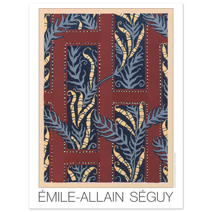 Planche de motifs Samarkande : feuilles bleues et bordeaux, Émile-Allain Séguy (30x40 cm). Gravure Art déco de motifs végétaux abstraits, avec des formes de feuilles bleues et des éléments allongés jaunes, disposés dans des cadres bordeaux sur fond beige.