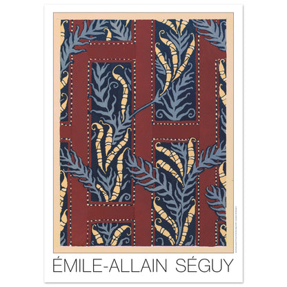 Planche de motifs Samarkande : feuilles bleues et bordeaux, Émile-Allain Séguy (50x70 cm). Gravure Art déco de motifs végétaux abstraits, avec des formes de feuilles bleues et des éléments allongés jaunes, disposés dans des cadres bordeaux sur fond beige.