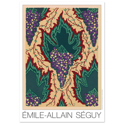 Illustration de feuilles vertes et grappes de raisin, E.A. Séguy (29,7x42 cm (A3)). Illustration Art Déco de grappes de raisin violettes et de feuilles vertes dentelées sur fond beige, avec des vrilles rouges et sombres, par Émile-Allain Séguy.