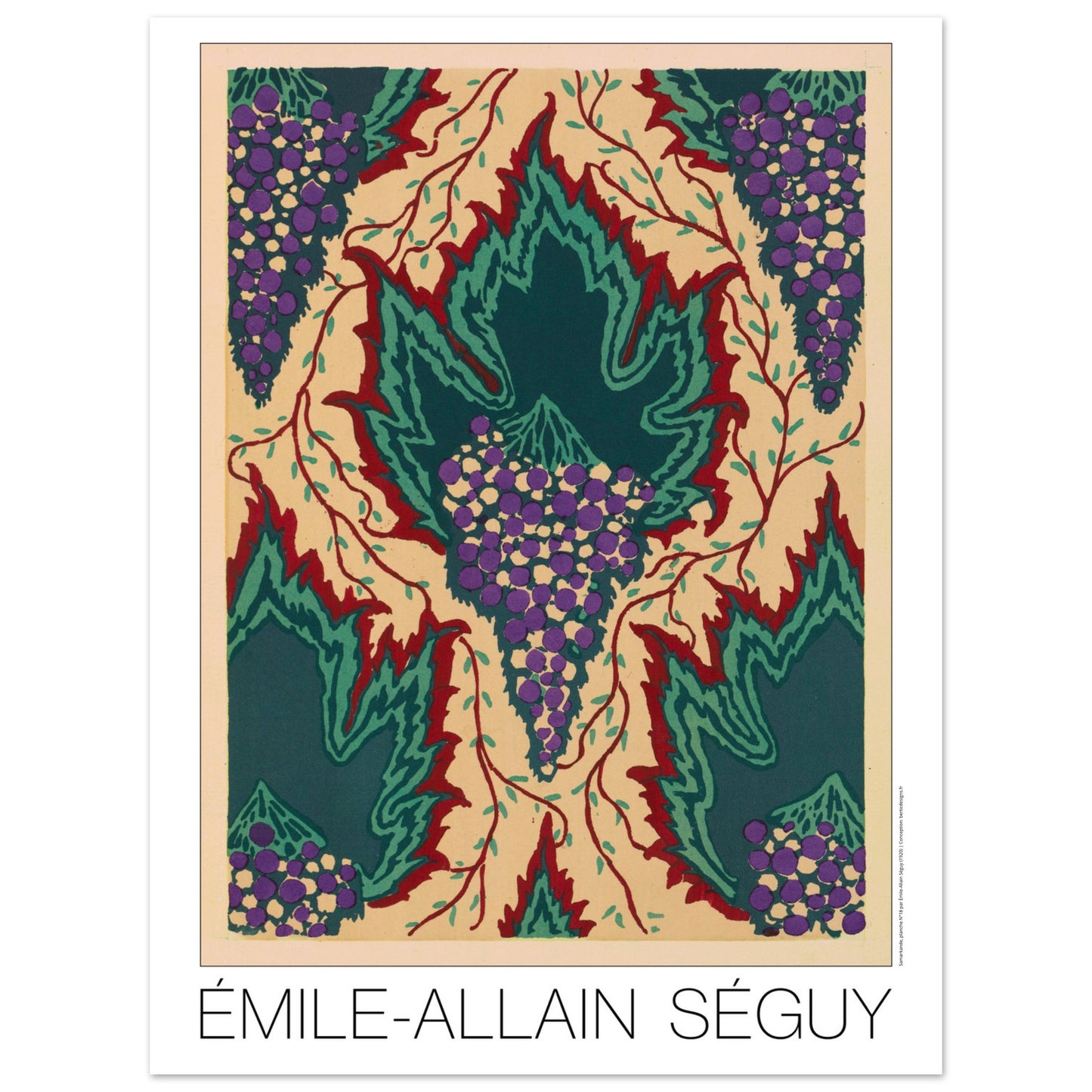 Illustration de feuilles vertes et grappes de raisin, E.A. Séguy (30x40 cm). Illustration Art Déco de grappes de raisin violettes et de feuilles vertes dentelées sur fond beige, avec des vrilles rouges et sombres, par Émile-Allain Séguy.