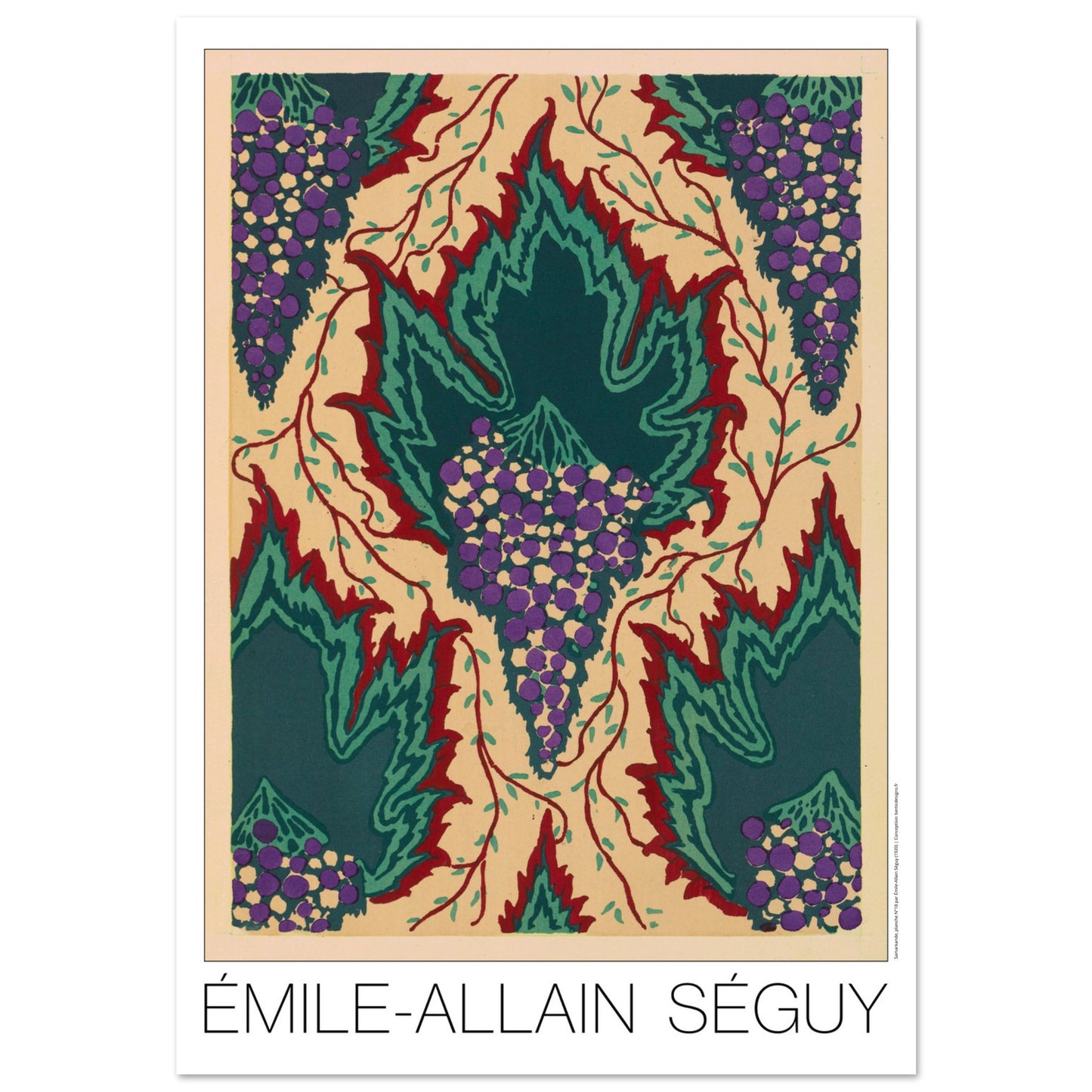 Illustration de feuilles vertes et grappes de raisin, E.A. Séguy (70x100 cm). Illustration Art Déco de grappes de raisin violettes et de feuilles vertes dentelées sur fond beige, avec des vrilles rouges et sombres, par Émile-Allain Séguy.