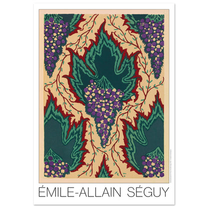 Illustration de feuilles vertes et grappes de raisin, E.A. Séguy (70x100 cm). Illustration Art Déco de grappes de raisin violettes et de feuilles vertes dentelées sur fond beige, avec des vrilles rouges et sombres, par Émile-Allain Séguy.