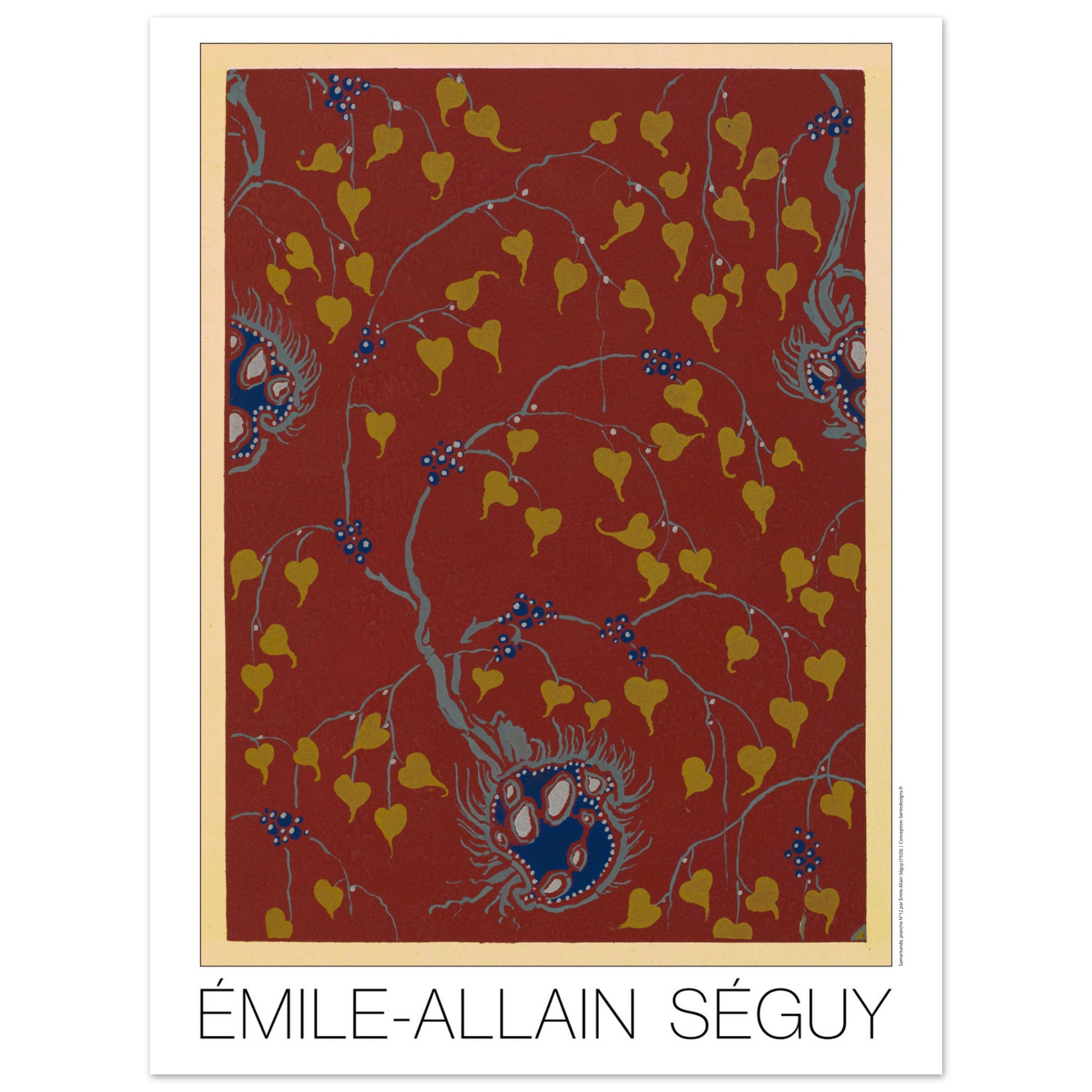 Fond rouge avec feuilles dorées - Samarkande, motifs orientaux par Émile-Allain Séguy - Taille 30x40 cm