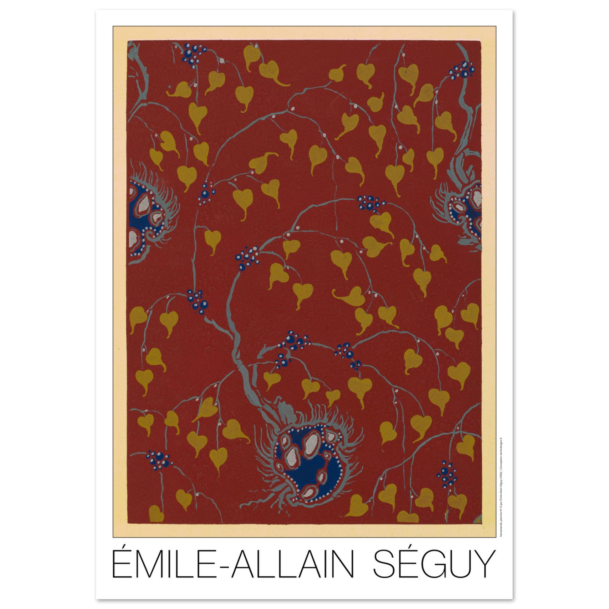 Fond rouge avec feuilles dorées - Samarkande, motifs orientaux par Émile-Allain Séguy - Taille 42x59,4 cm (A2)