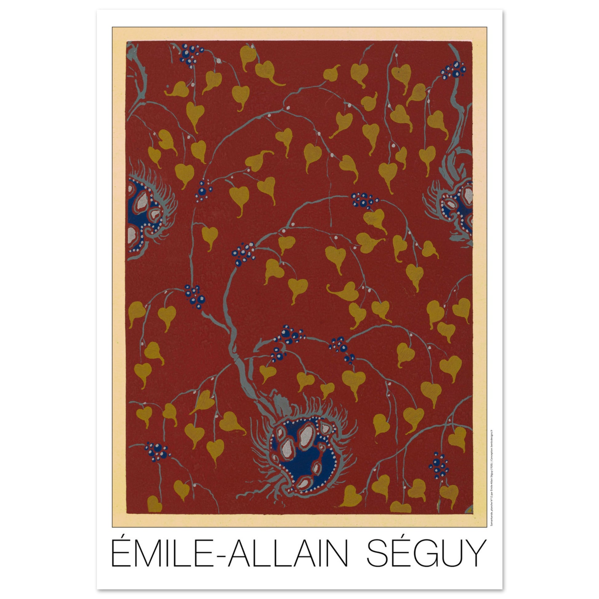 Fond rouge avec feuilles dorées - Samarkande, motifs orientaux par Émile-Allain Séguy - Taille 70x100 cm