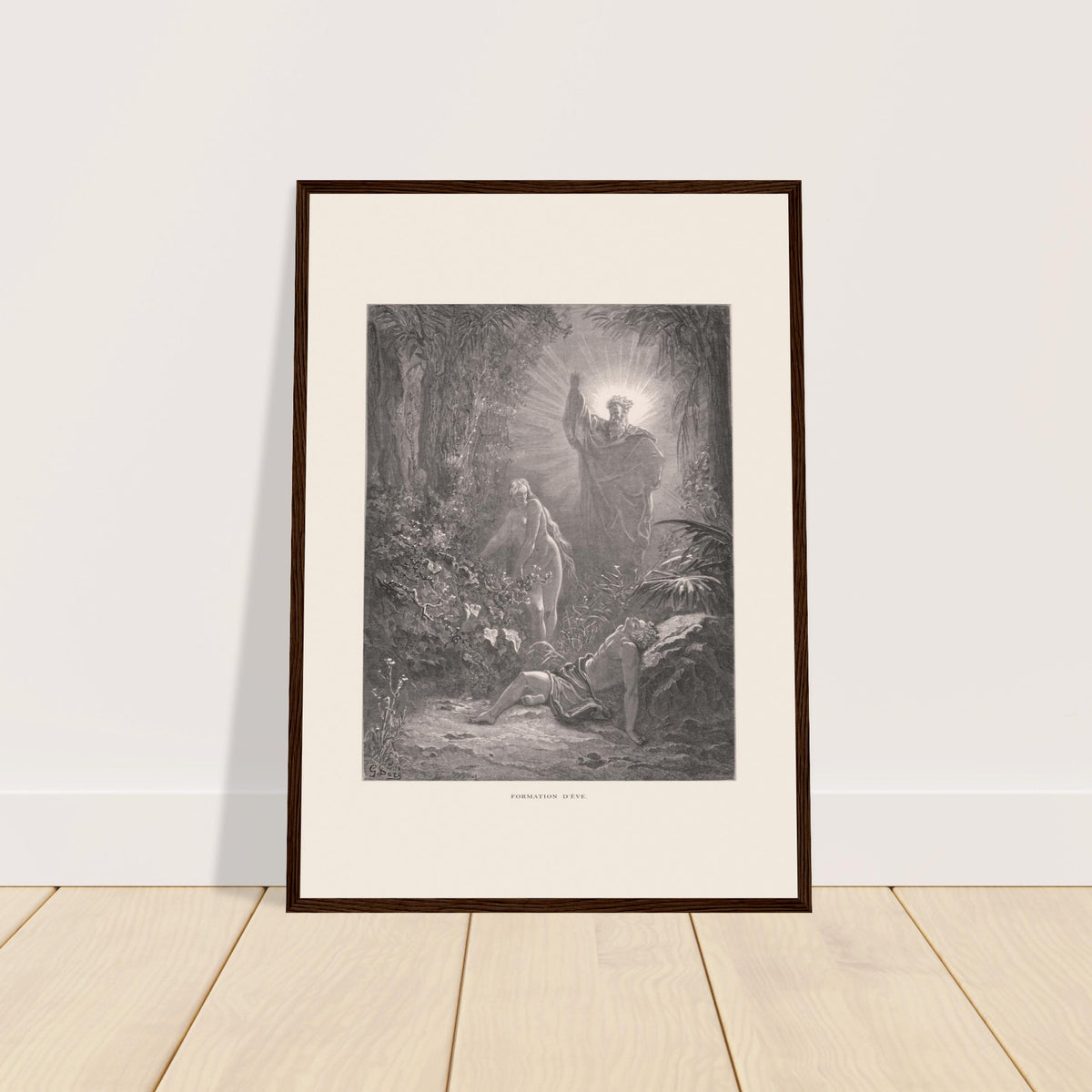 La formation d'Ève, gravure ancienne de Gustave Doré. Gravure de Gustave Doré dépeignant la formation d’Ève à partir d’Adam endormi, avec une figure divine bénissant la scène.