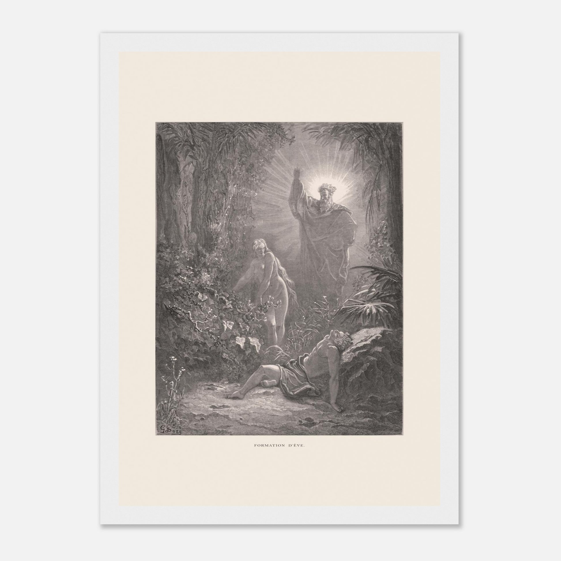 La formation d'Ève, gravure ancienne de Gustave Doré (21x29,7 cm (A4) / Cadre blanc). Gravure de Gustave Doré dépeignant la formation d’Ève à partir d’Adam endormi, avec une figure divine bénissant la scène.