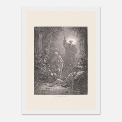 La formation d'Ève, gravure ancienne de Gustave Doré (21x29,7 cm (A4) / Cadre blanc). Gravure de Gustave Doré dépeignant la formation d’Ève à partir d’Adam endormi, avec une figure divine bénissant la scène.
