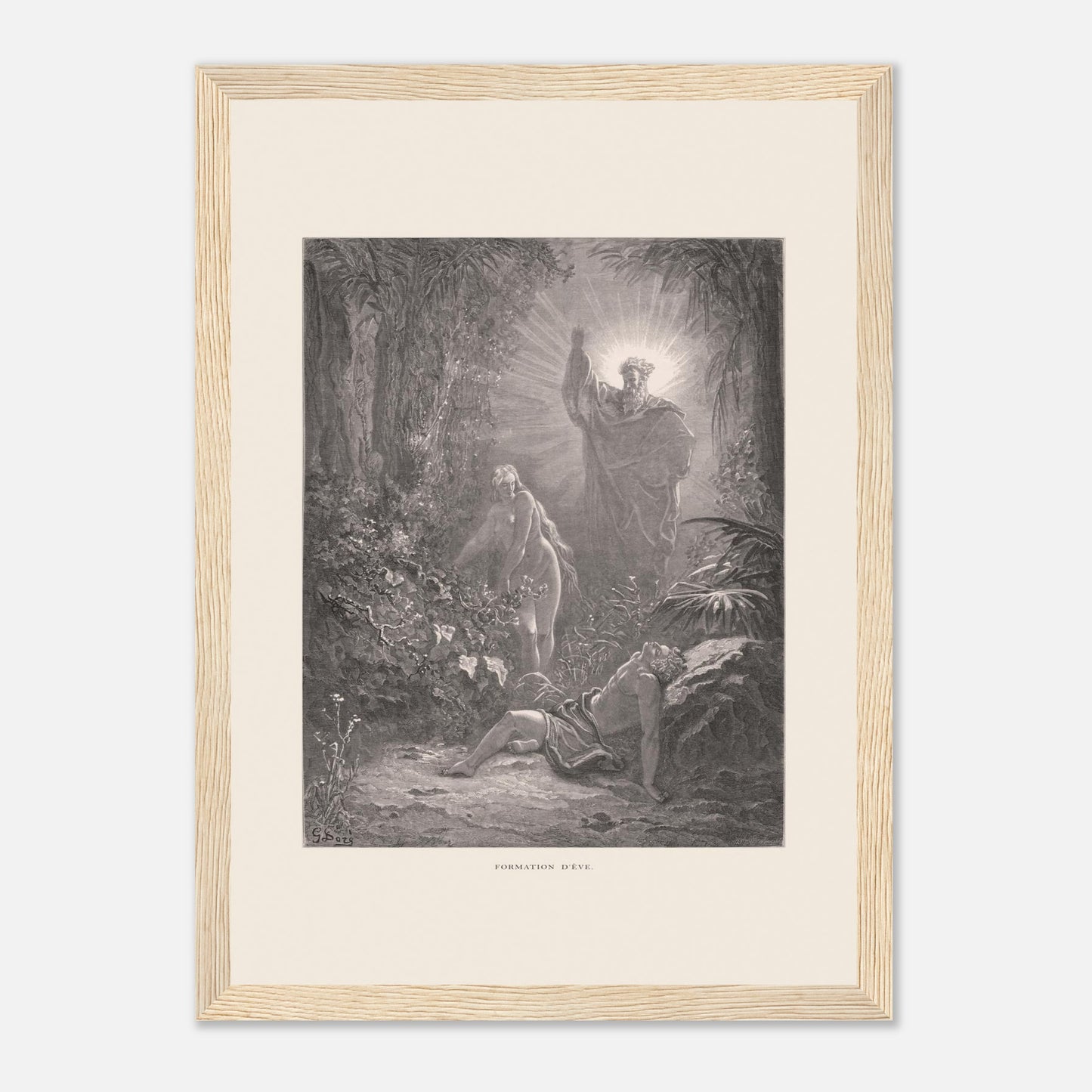 La formation d'Ève, gravure ancienne de Gustave Doré (21x29,7 cm (A4) / Cadre bois clair). Gravure de Gustave Doré dépeignant la formation d’Ève à partir d’Adam endormi, avec une figure divine bénissant la scène.