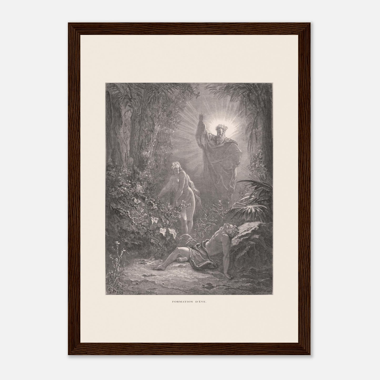 La formation d'Ève, gravure ancienne de Gustave Doré (21x29,7 cm (A4) / Cadre bois foncé). Gravure de Gustave Doré dépeignant la formation d’Ève à partir d’Adam endormi, avec une figure divine bénissant la scène.
